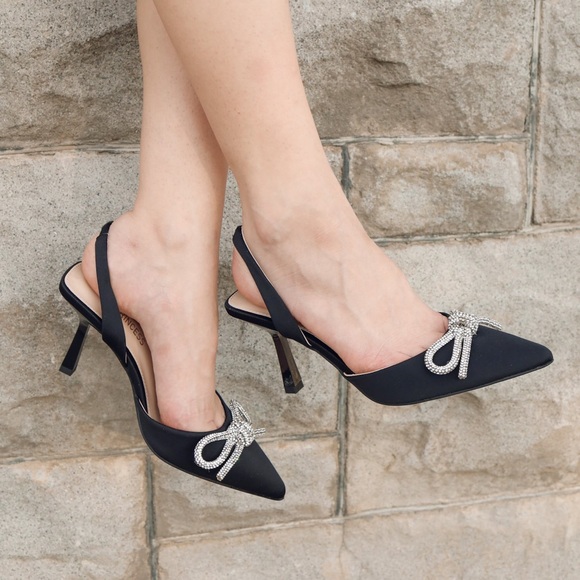 unilady Shoes - Rhinestone bow satin pointed toe sling back heels nwot